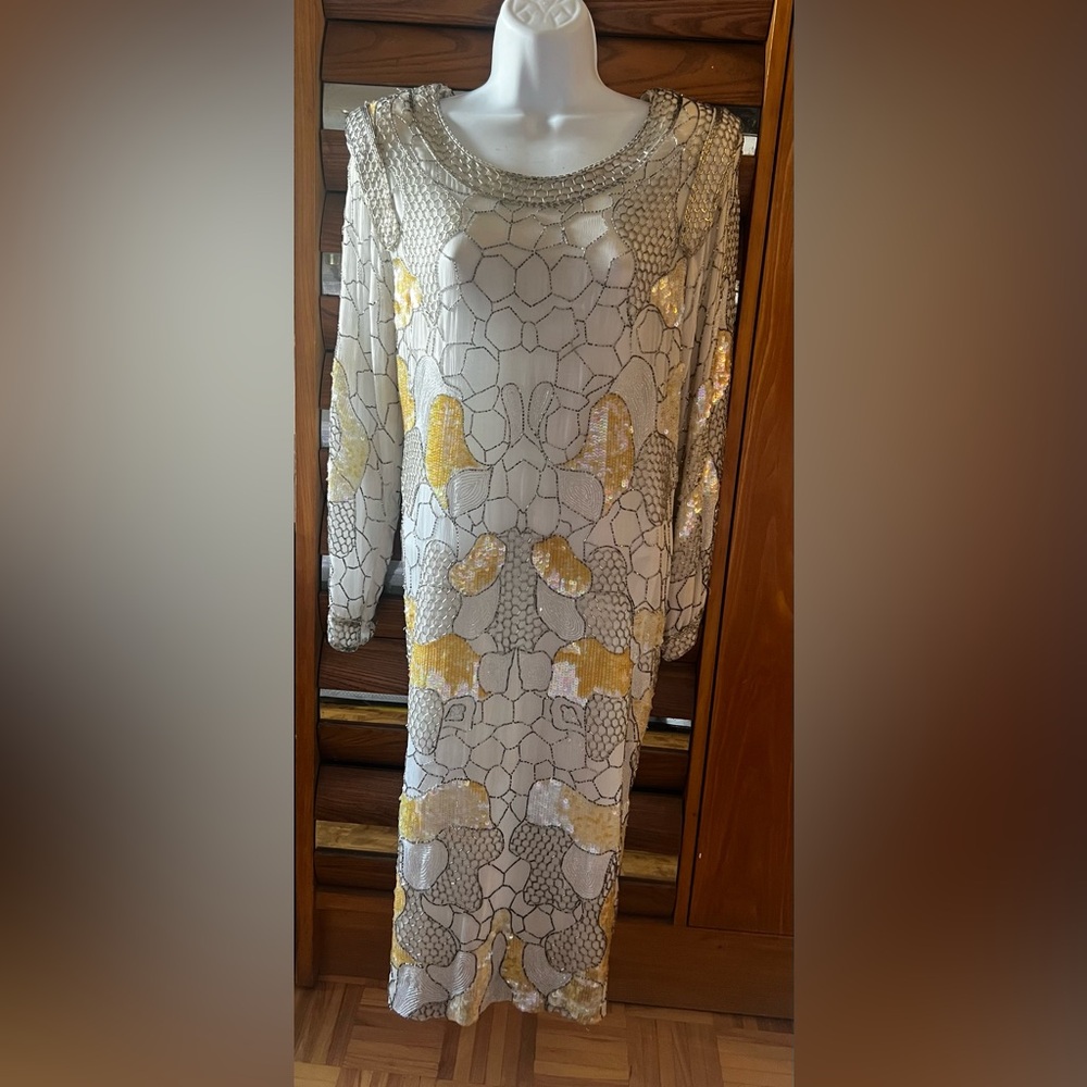 Elegant Sequin Dress with Gold and Silver Accents - 100% silk - hand sewn